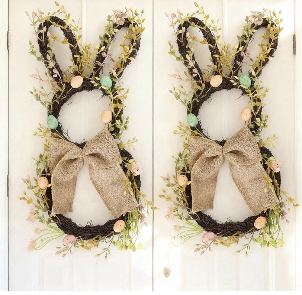 2 Pack Easter Bunny Wreaths for Front Door - Large 20 Inch